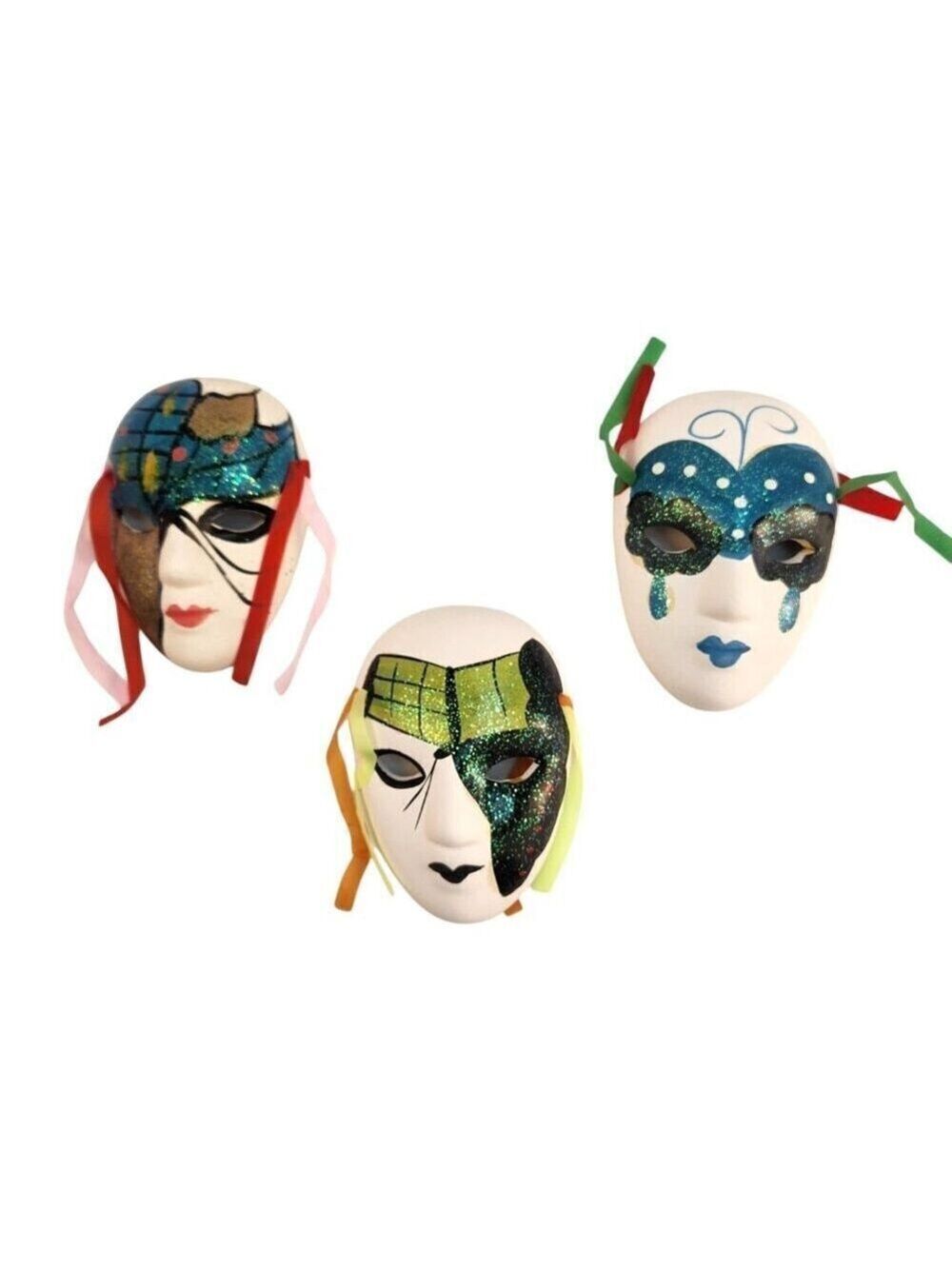 Venetian Style Mardi Gras Ceramic Mini Wall Masks Set Of 3 Colorful Glitter